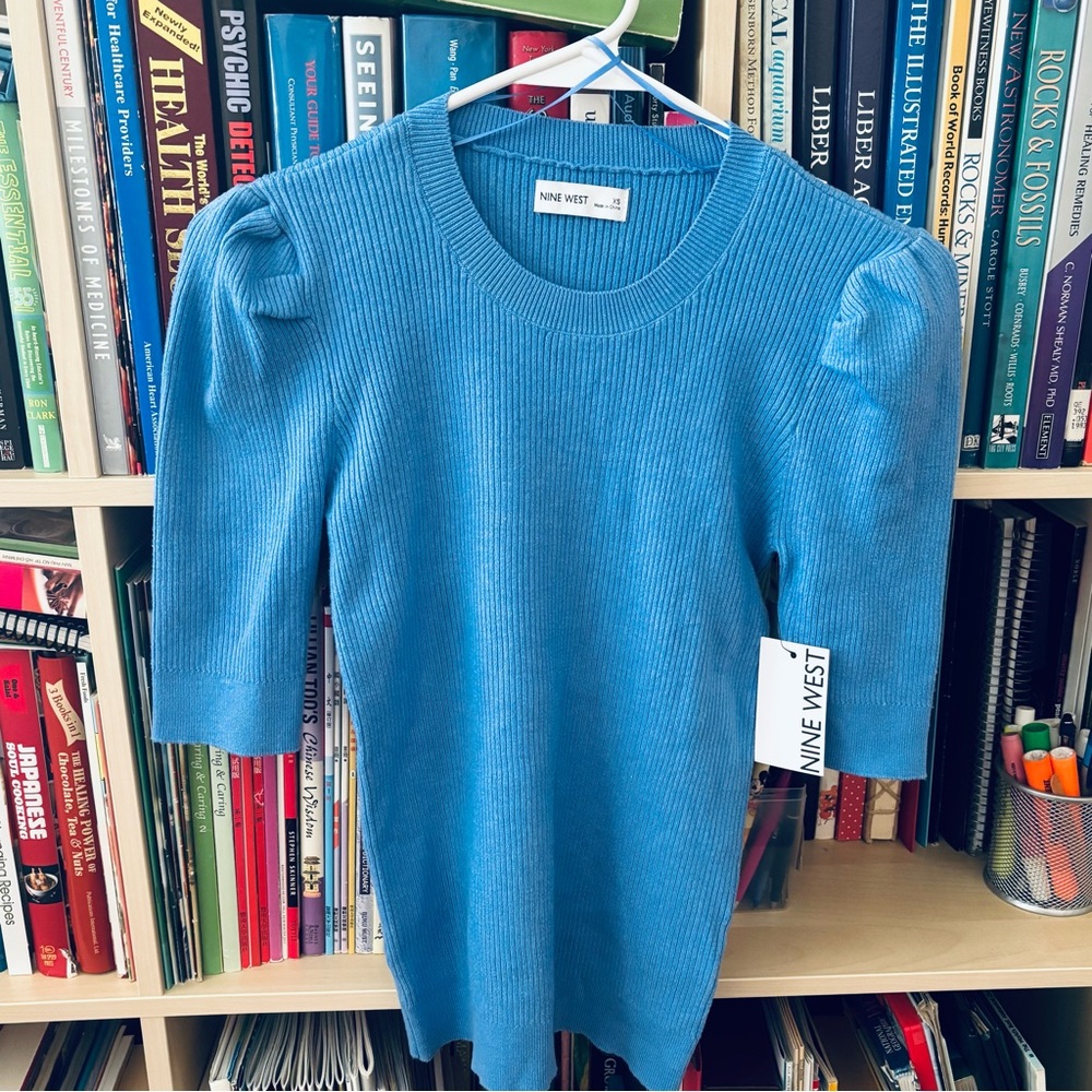 NWT Nine West Sky Blue Ribbed Sweater Dress with Puff Shoulders